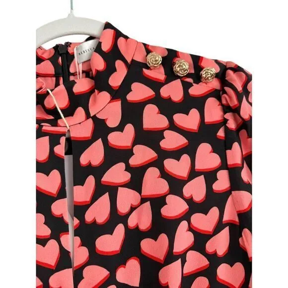 Rebecca Vallance Hotel Beau Frill Midi Dress Heart Print Long Sleeve Pink Size 4